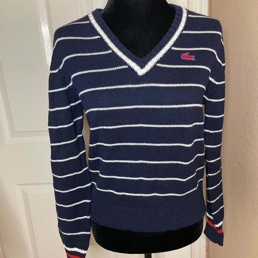 Vintage Women LACOSTE V-Neck Sweater Navy w/White Stripes & Red Crocodile 36/ Sm - Picture 1 of 10